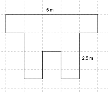 Figuren kan f.eks. deles inn  i fire rektangler. Øverst har vi et vannrett rektangel med lengde 5 og bredde 1 m. Under dette har vi et annet vannrett rektangel med lengde 3 m og bredde 1 m. De to rektanglene ligger inntil hverandre, det andre midt på det første. I tillegg har vi to loddrette rektangler som (begge) deler den ene vannrette siden med det andre rektanglet. Det er et rektangel på "hver side", slik at bredden altså blir 1 m. Lengden er 1,5 m.